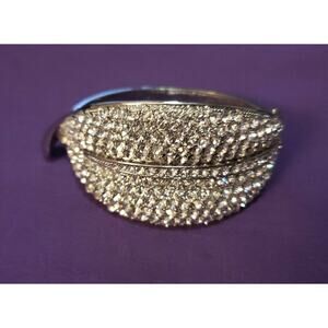 Chunky Large Leaf Shaped Hinged Bracelet, Silver Tone & Clear Glass Rhinestones